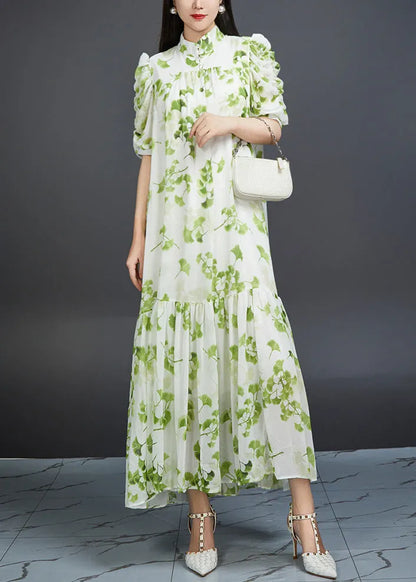 Green Wrinkled Print Tie Waist Chiffon Dress Summer