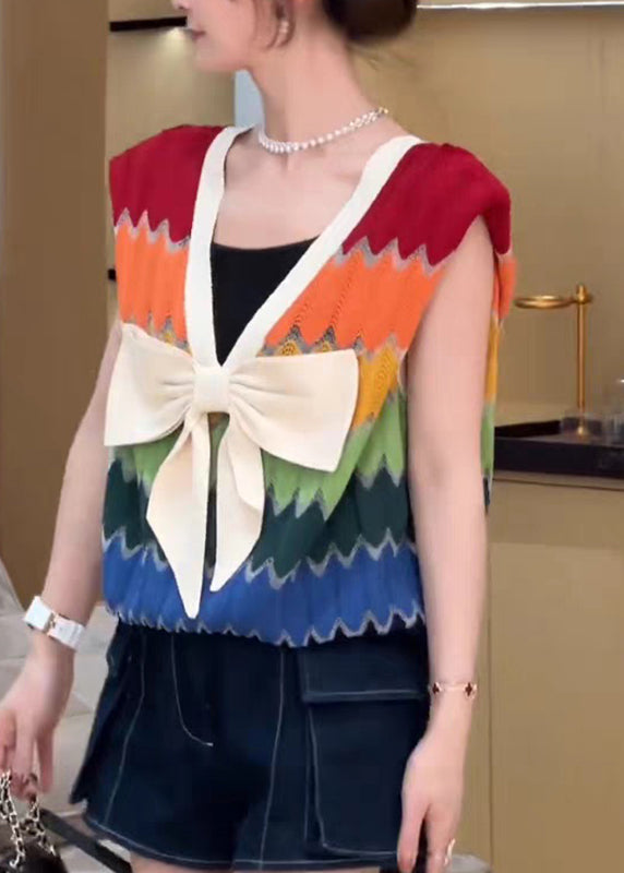 Rainbow Striped V Neck Bow Patchwork Knit Top Summer