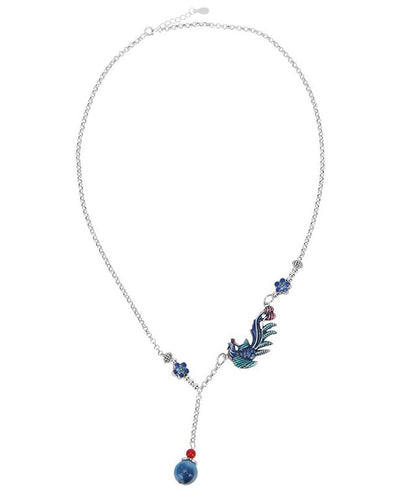 Blue Sterling Silver Tassel Cloisonne Enamel Phoenix Pendant Necklace