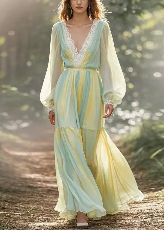 V Neck Lace Wrinkled Patchwork Chiffon Dresses Spring