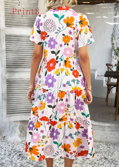 V Neck Print Patchwork Cotton Dresses Summer
