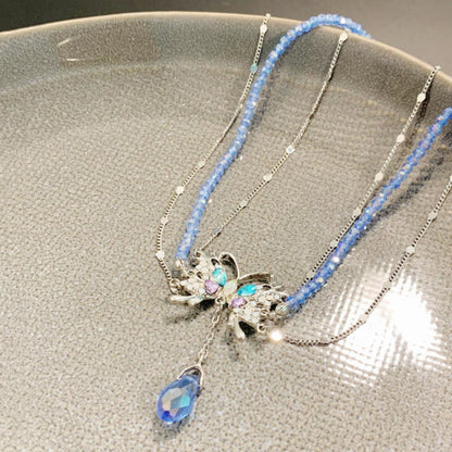 Baby Blue Copper Zircon Crystal Butterfly Water Drop Tassel Pendant Necklace