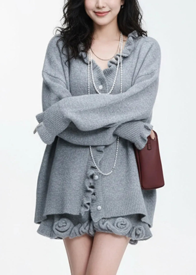 Natural Grey Ruffled Patchwork Cotton Knit Cardigans and Skirts Two Piece Set Lantern Sleeve