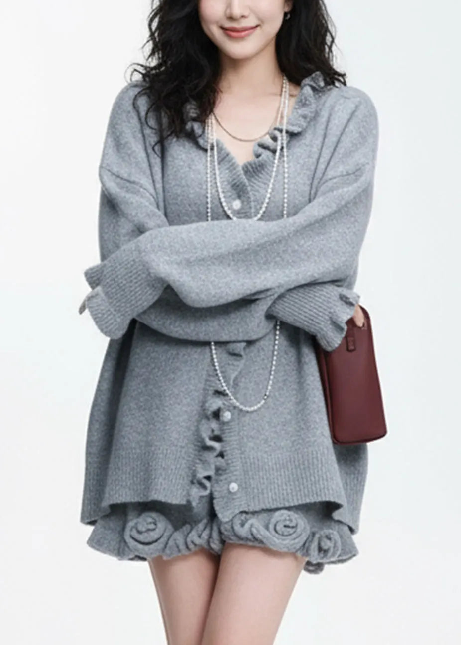 Natural Grey Ruffled Patchwork Cotton Knit Cardigans and Skirts Two Piece Set Lantern Sleeve