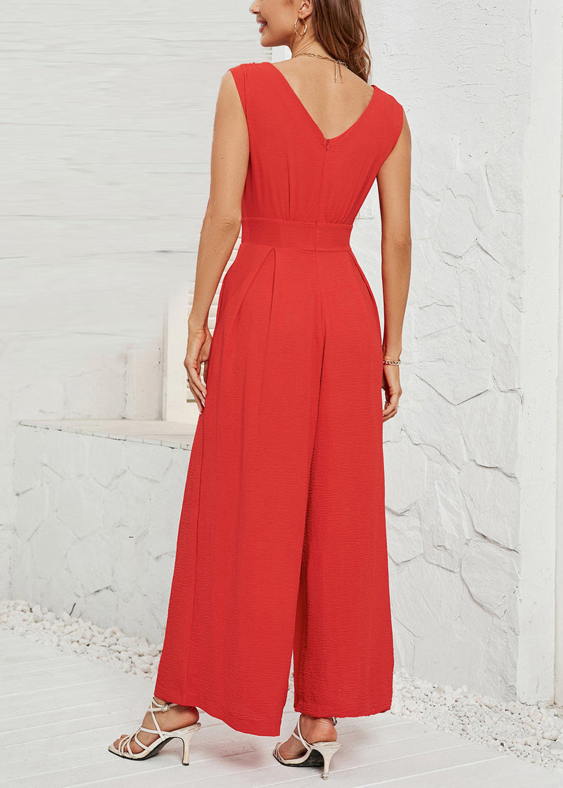 French Red V Neck Patchwork Cotton Jumpsuit Sleeveless