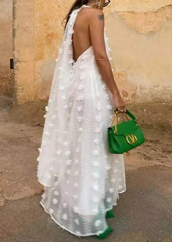 White Backless Ribbon Maxi Dress Sleeveless