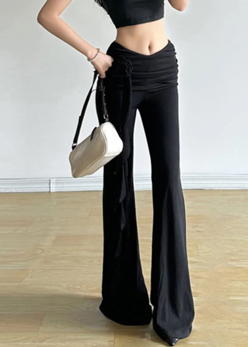 Retro Black Ruffled Patchwork High Waist Flared Pants Fall