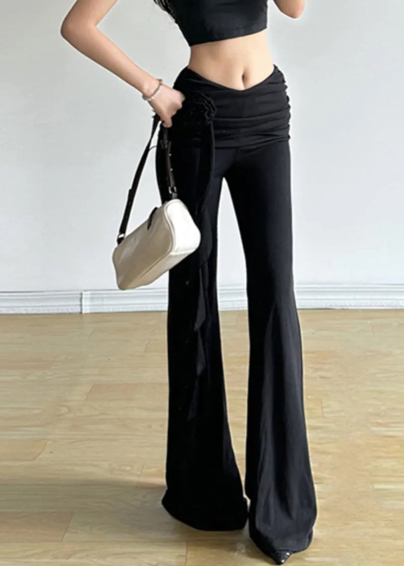 Retro Black Ruffled Patchwork High Waist Flared Pants Fall