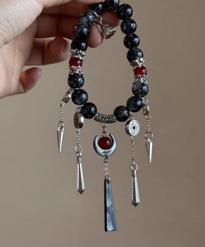 Black Sterling Silver Agate Tassel Charm Bracelet