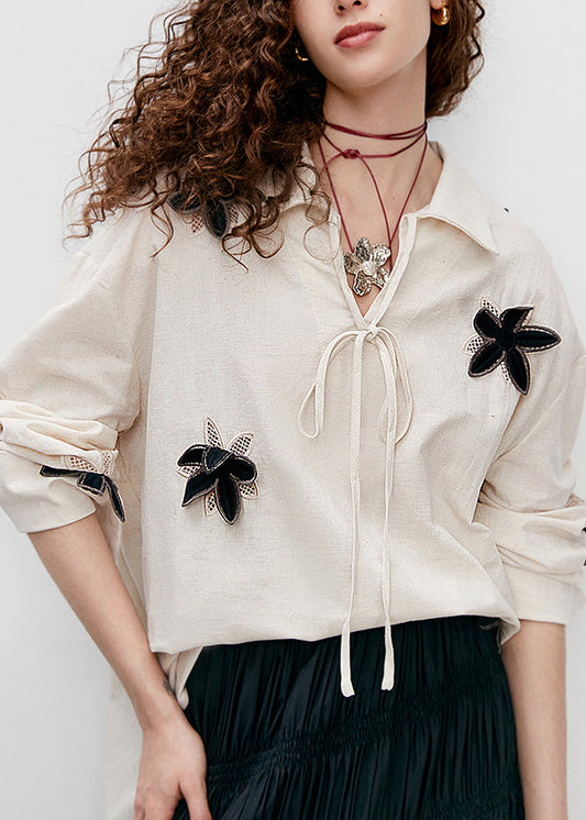 Boutique Beige Peter Pan Collar Cotton Top Fall