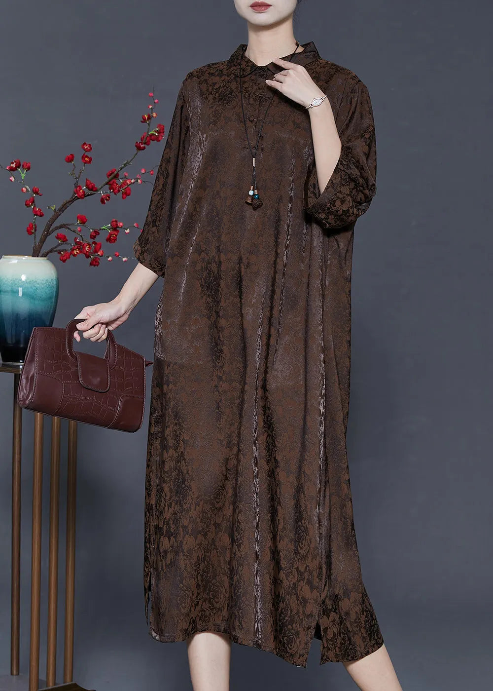 Chocolate Jacquard Silk Maxi Dresses Bracelet Sleeve