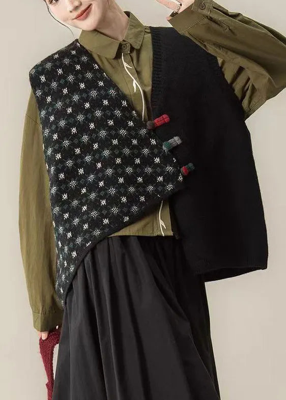 Black Asymmetrical Chinese Button Knit Vests Winter