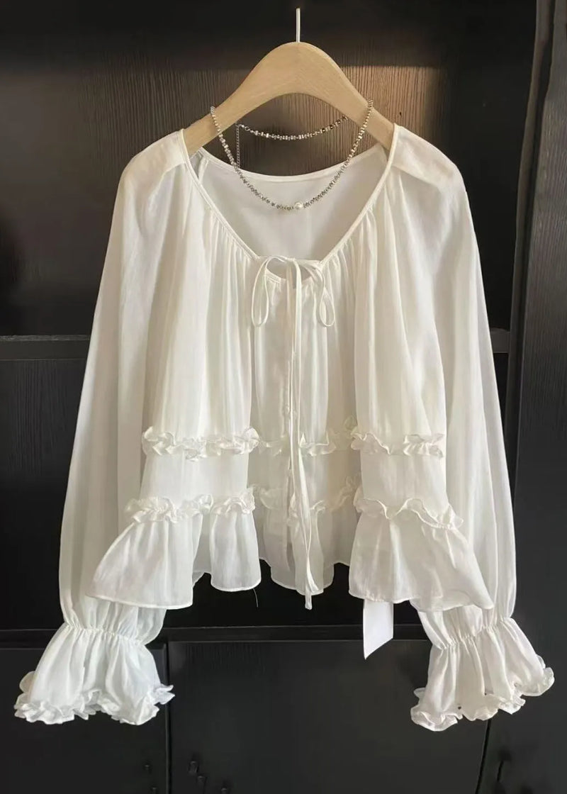 White Ruffled Lace Up Cotton Shirts Fall