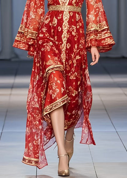 Red Print Chiffon Tunic Dress Flare Sleeve