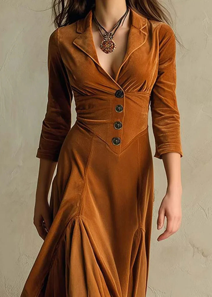 Original Design Brown Peter Pan Collar Velour Dress Autumn
