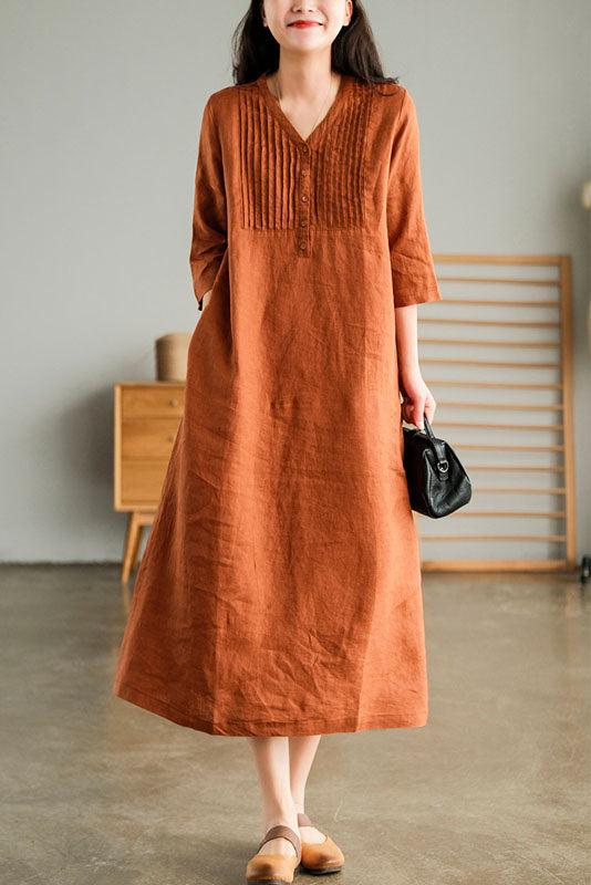 -summer V-neck Linen Dress Half Sleeve Dress