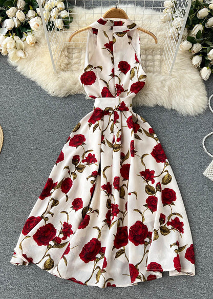 Apricot Zippered Print Chiffon Long Dress Sleeveless