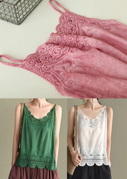 Pink Original Design Embroidered Cotton Spaghetti Strap Tops Summer
