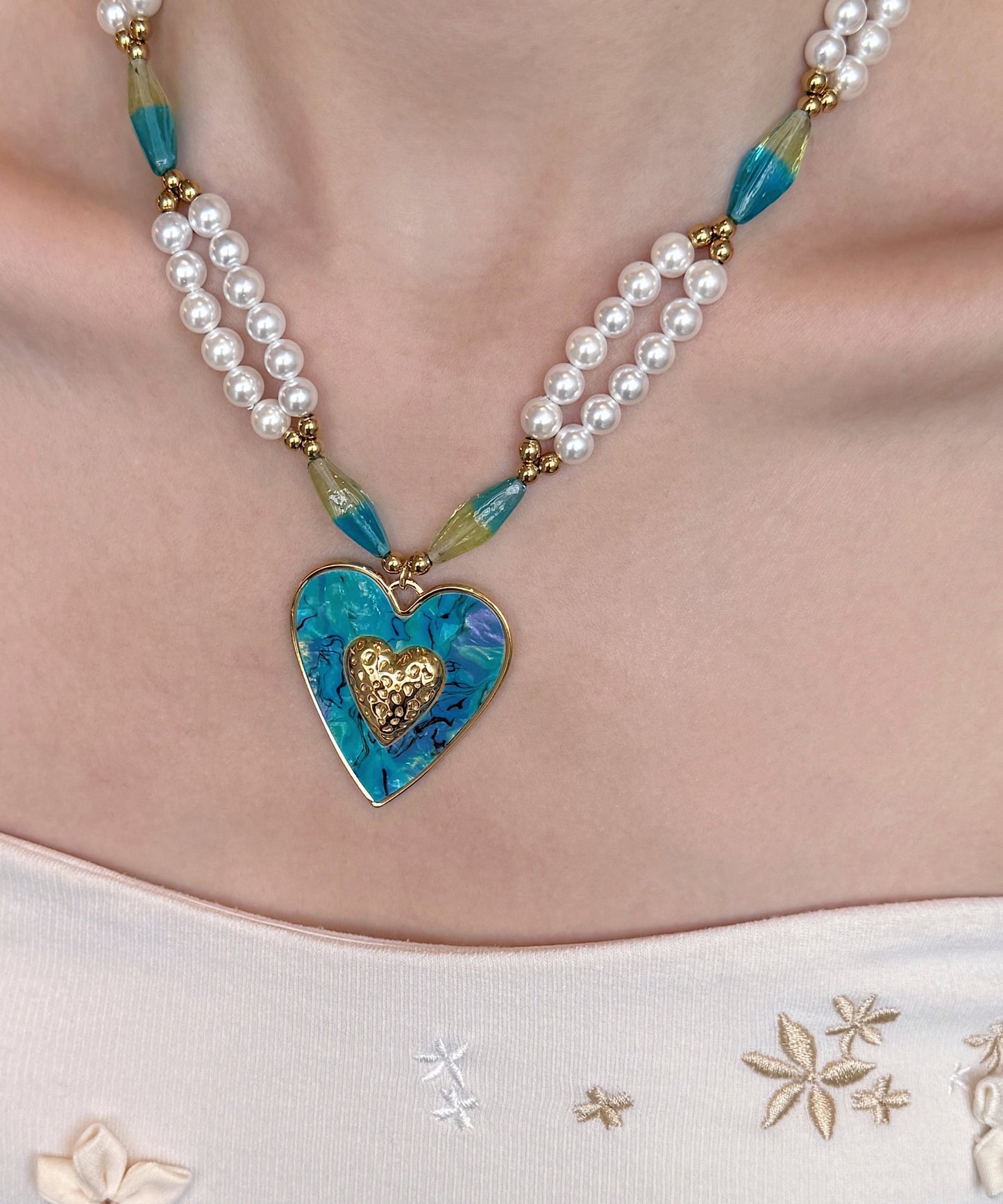 Blue Love Pearl Adjustable Alloy Pendant Necklace