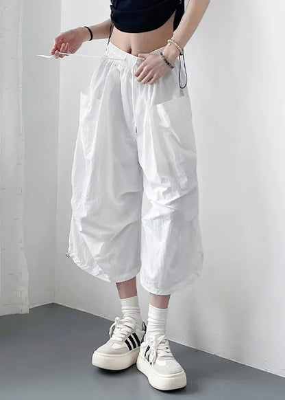 Loose White Lace Up Pockets Cotton Crop Pants
