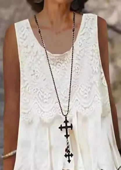 Loose White O-neck Lace Patchwork Mid Dress Sleeveless