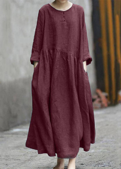 Color Black Cotton Linen Long Sleeve Swing Long Dress