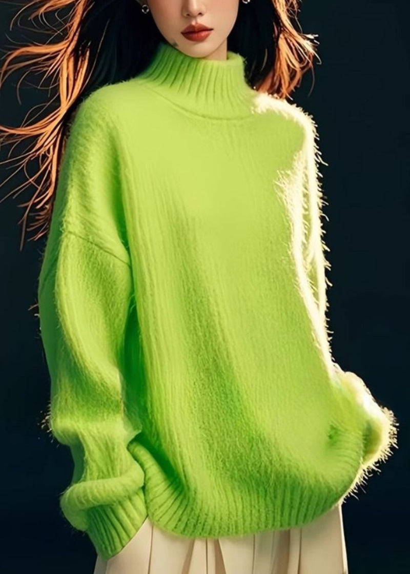 Green Hign Neck Patchwork Knit Sweater Tops Spring