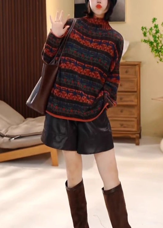 Colorblock Hign Neck Striped Knit Pullover Winter