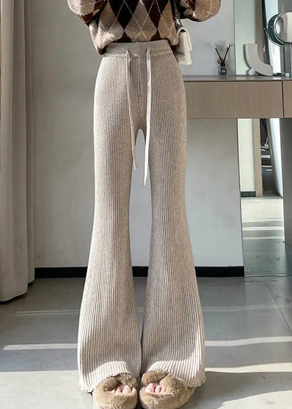 Slim Fit Apricot Drawstring Knit Flared Ttrousers Spring