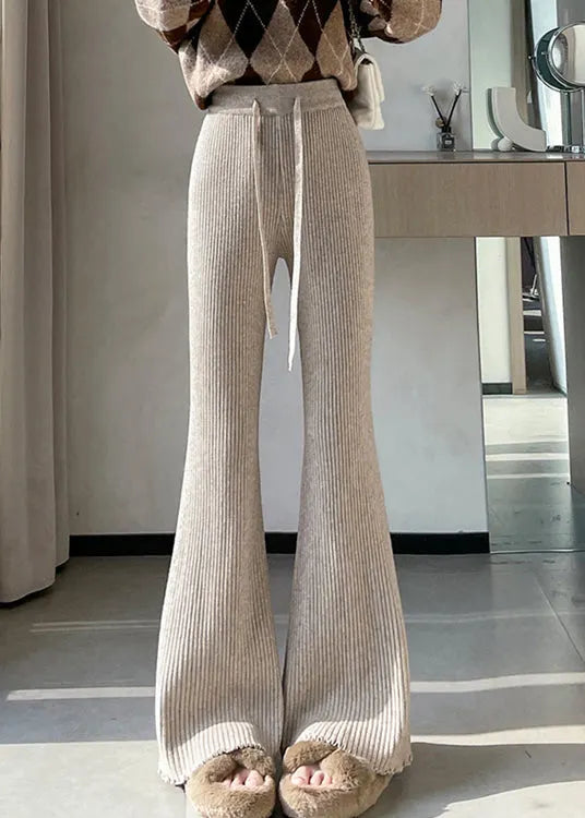 Slim Fit Apricot Drawstring Knit Flared Ttrousers Spring