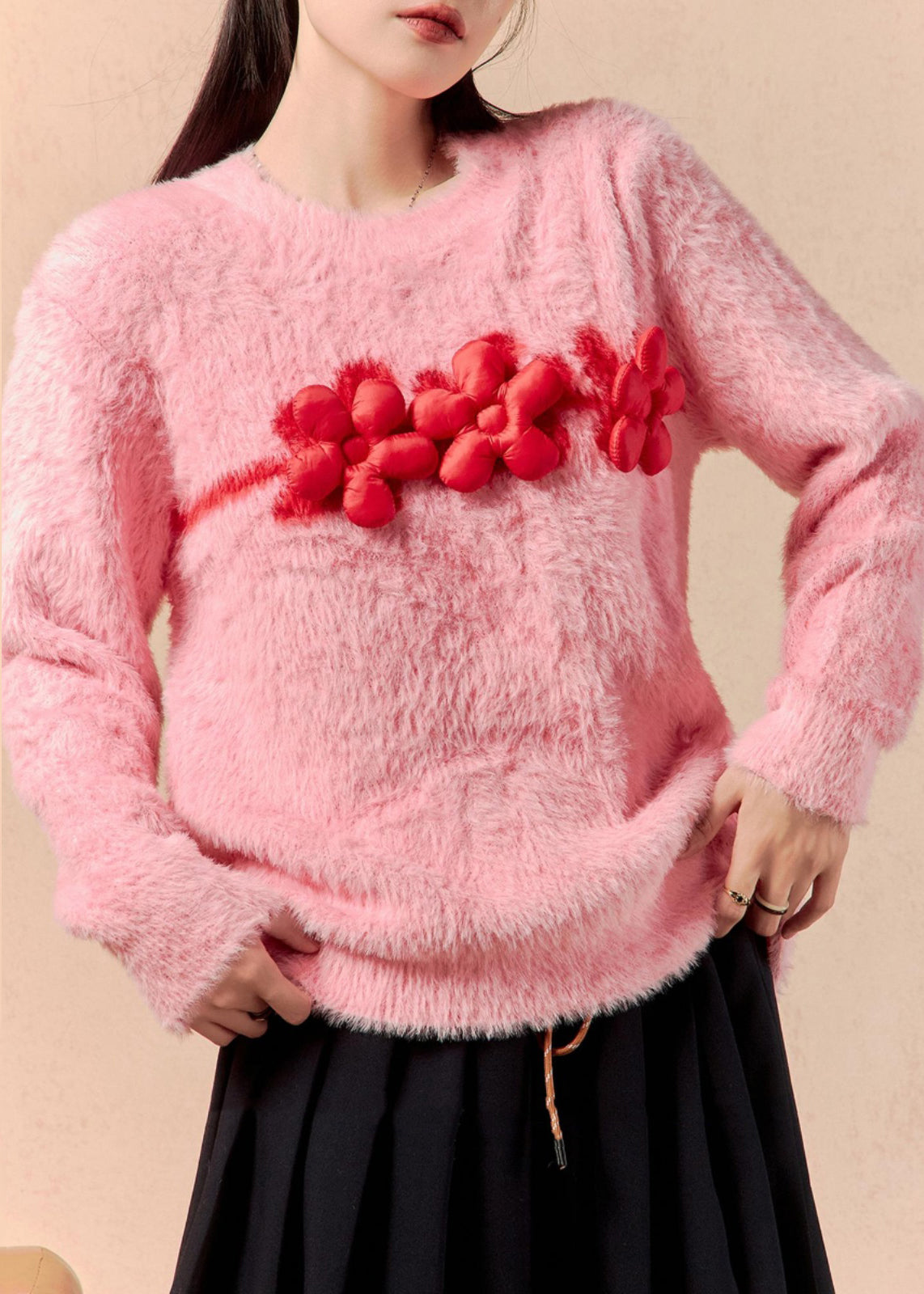 Pink O Neck Mink Hair Knitted Sweaters Winter