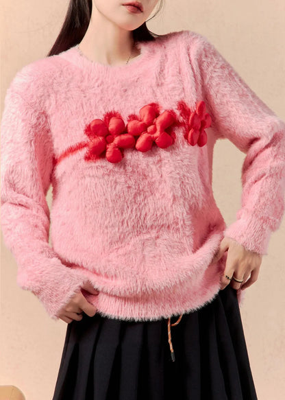 Pink O Neck Mink Hair Knitted Sweaters Winter