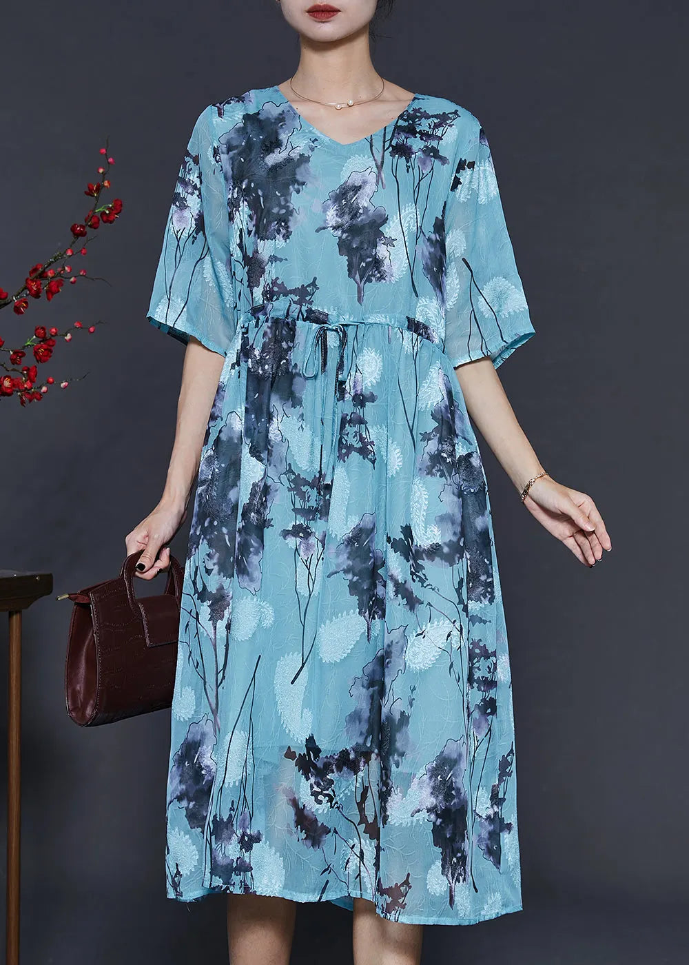 Blue Cinched Print Chiffon Long Dresses Summer