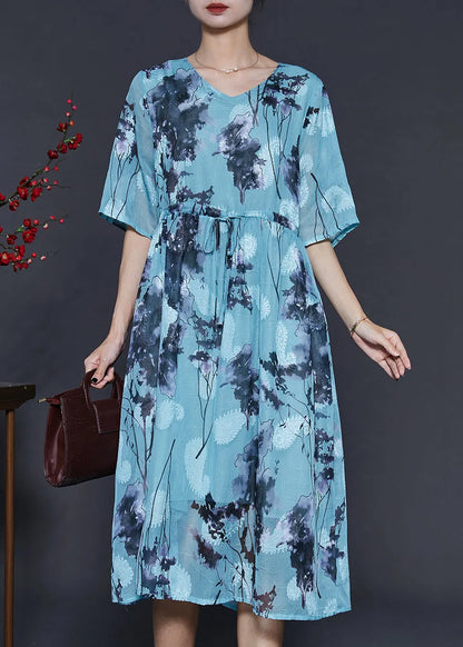 Blue Cinched Print Chiffon Long Dresses Summer