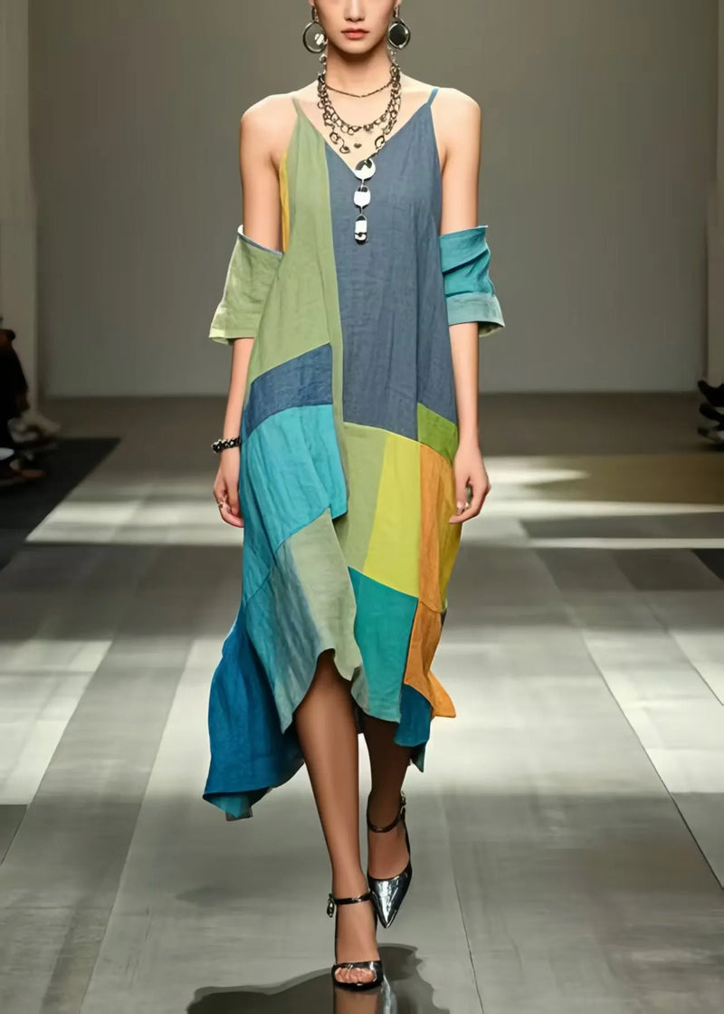 Art Colorblock Asymmetrical Patchwork Applique Cotton Cold Shoulder Dress Summer
