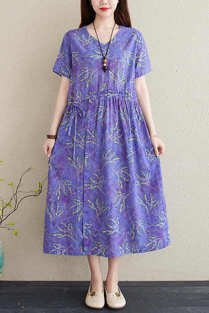 Summer Short Sleeve Printed Dress Neck A-line Dress