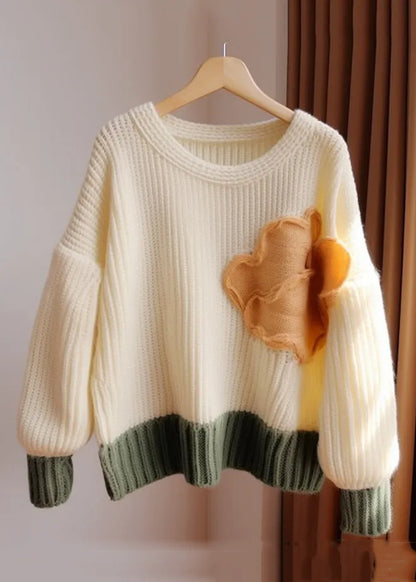 Apricot O Neck Patchwork Knit Sweater Fall