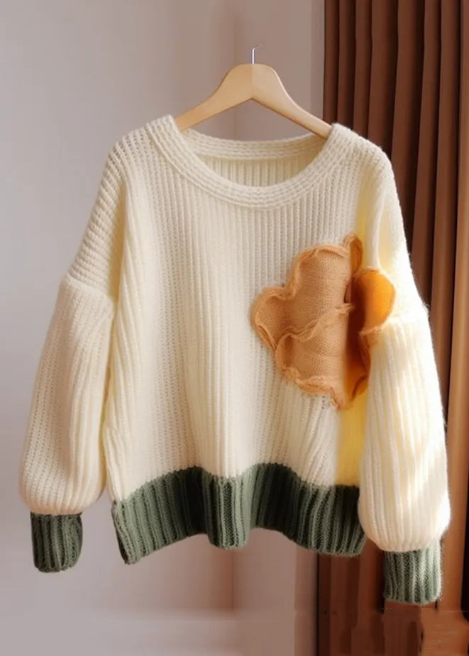 Apricot O Neck Patchwork Knit Sweater Fall