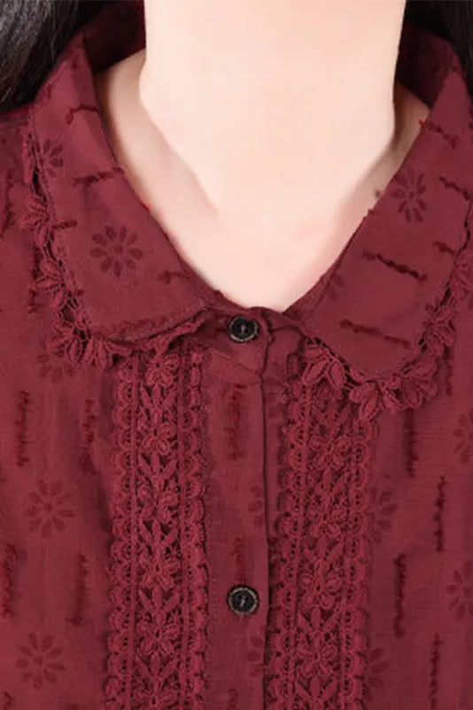 -loose Embroidery Lace Dress Cotton and Linen Long Sleeve Dress