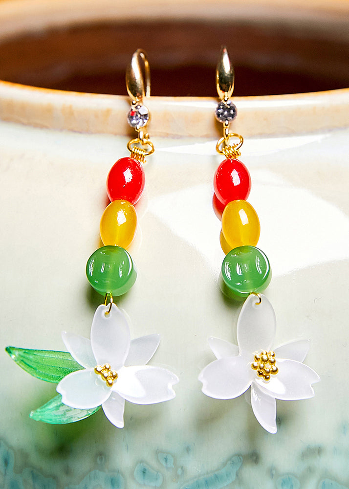 Jade Lotus Flower Zircon Drop Earrings
