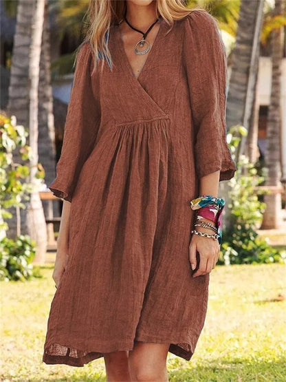 Cotton Linen Wind Pure Color Seven-point Sleeve V-neck Dress