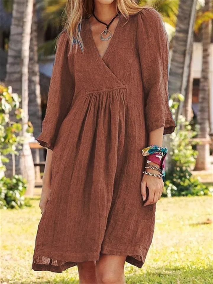Cotton Linen Wind Pure Color Seven-point Sleeve V-neck Dress