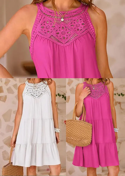 Rose Patchwork Cotton Mini Dress Hollow Out Sleeveless