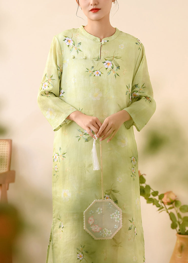 Green Stand Collar Print Linen Dresses Spring