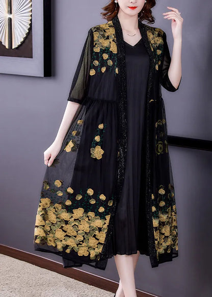 Novelty Yellow Embroideried Tulle Maxi Sunscreen Cardigan Short Sleeve