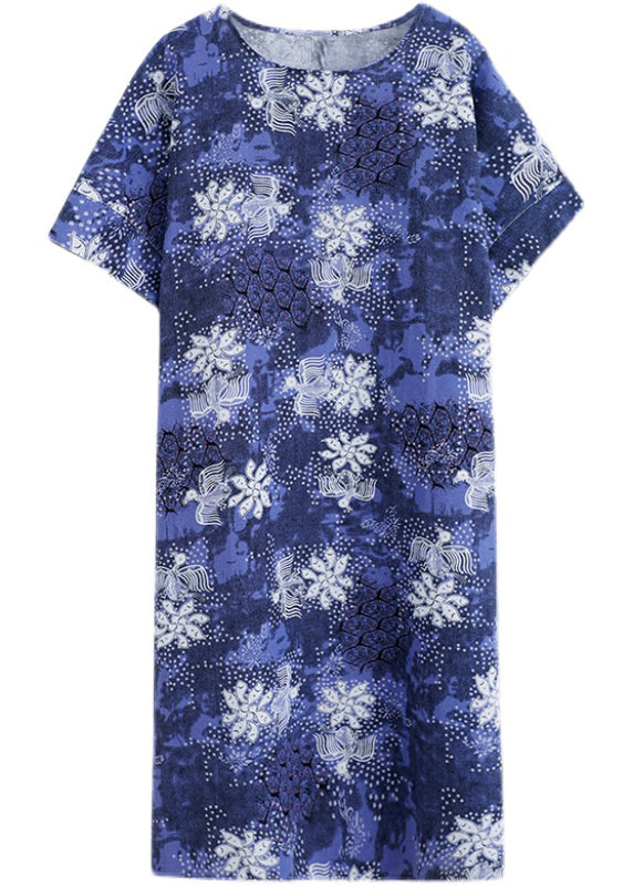 Blue O-neck Print Cotton Holiday Dress Short Sleeve