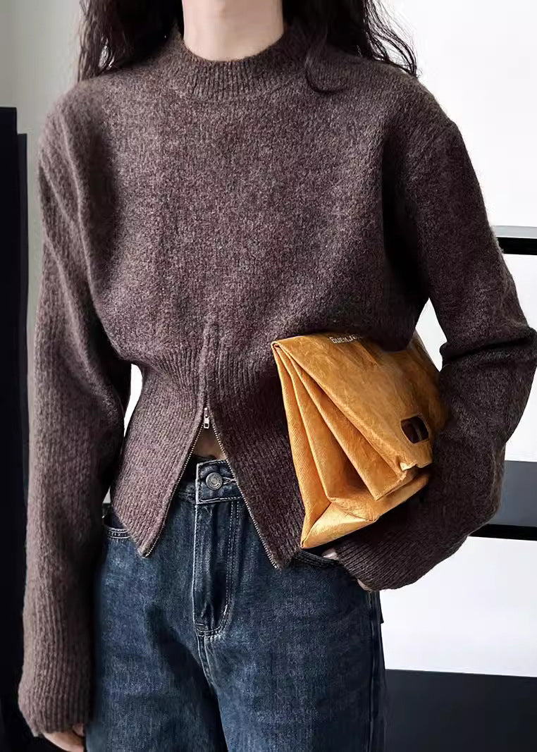 Grey Zip Up Front Open Knit Short Sweater Spring