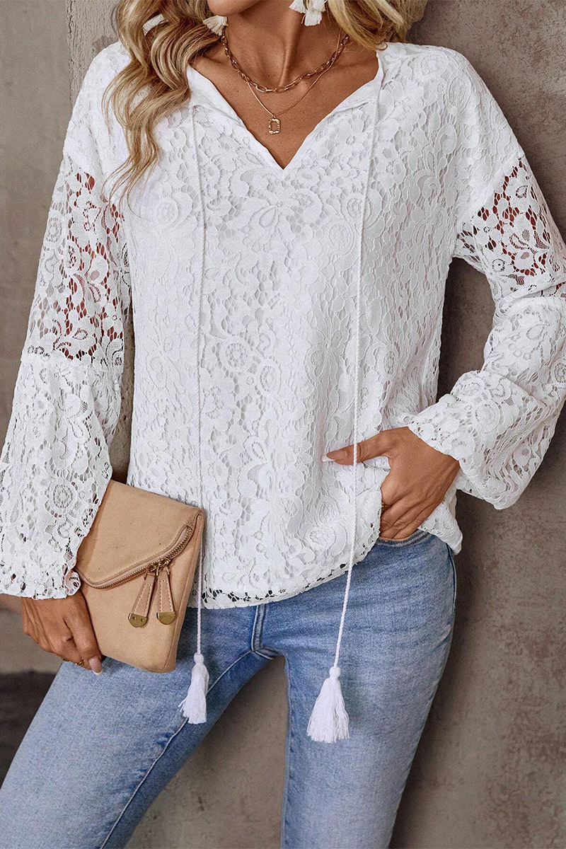 Color Lace Fringed Trim Hollow Out V Neck Tops(4 Colors)