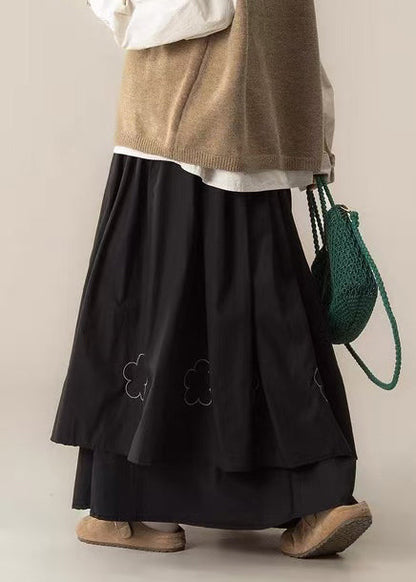 Black Embroidered Layered Cotton Holiday Skirts Spring