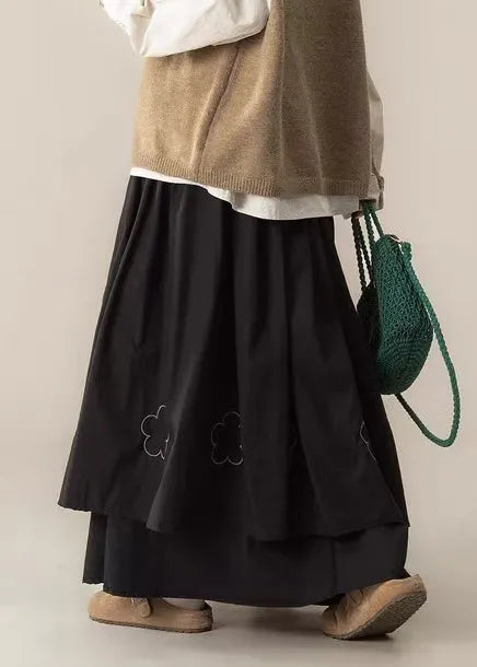 Black Embroidered Layered Cotton Holiday Skirts Spring
